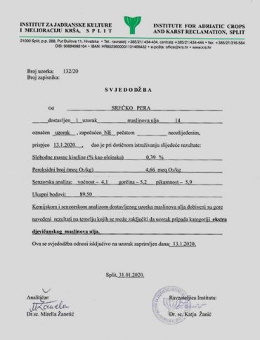 certifikat ekstra djevicansko maslinovo ulje